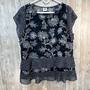 Cabi Hybrid Blouse Top Floral Ruffle Hem Flutter Sleeve‎ Navy Black Size Large